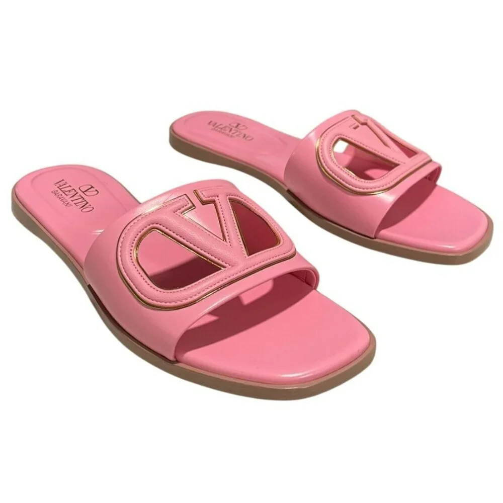 Valentino V Logo Cutout Calfskin Pink Slide Shoes Size 8 - Picture 1 of 6